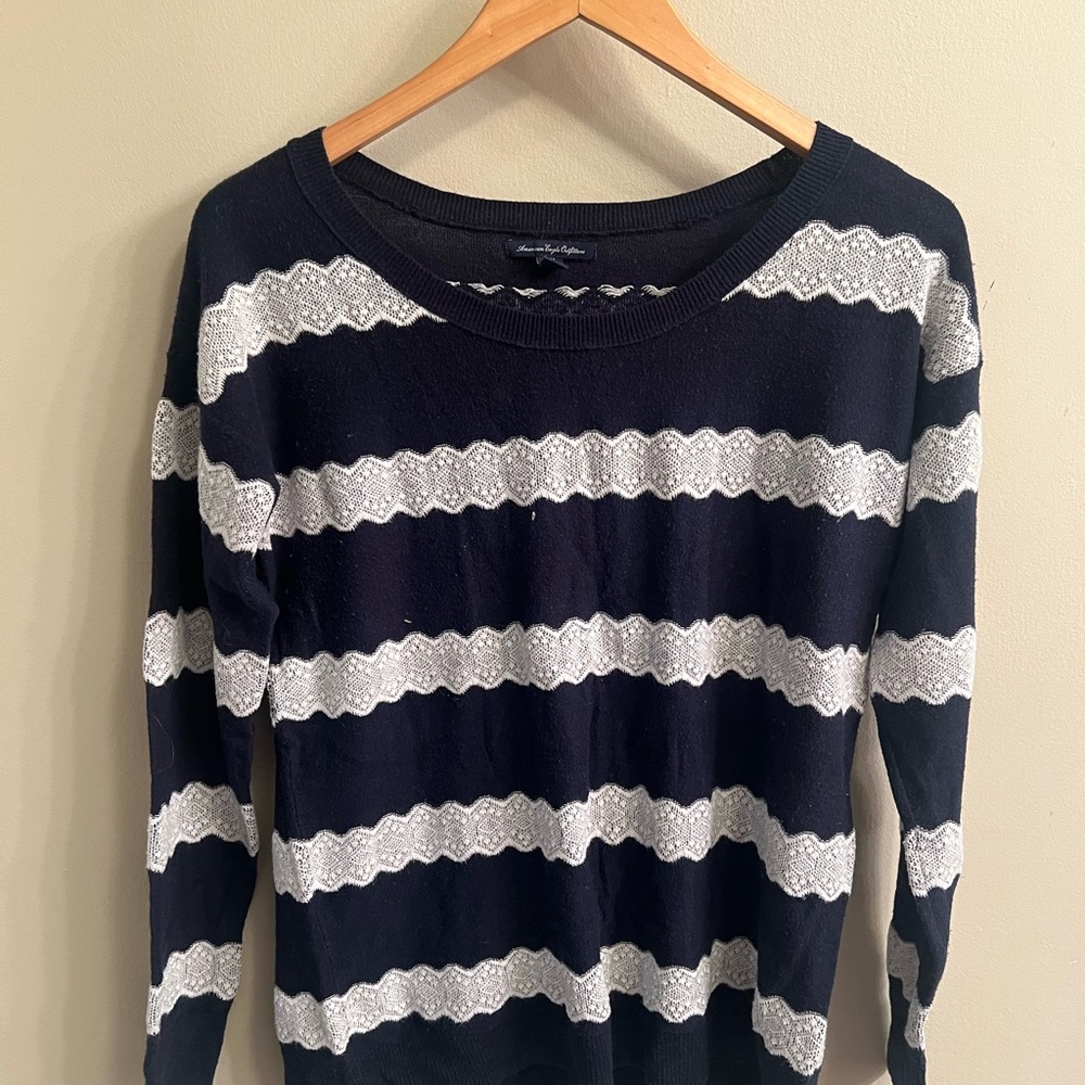 American Eagle Navy and White Striped Sweater